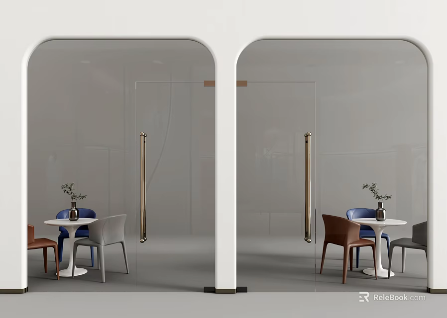 Arched Glass Swing Doors with White Frames and Golden Columns Revealing Tables Chairs and Vases 3d model 