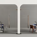 Arched Glass Swing Doors with White Frames and Golden Columns Revealing Tables Chairs and Vases