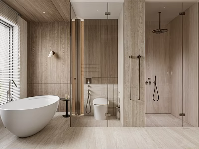 Modern Bathroom Interior Design With Wooden Walls Freestanding Bathtub Toilet And Glass Shower 3d model