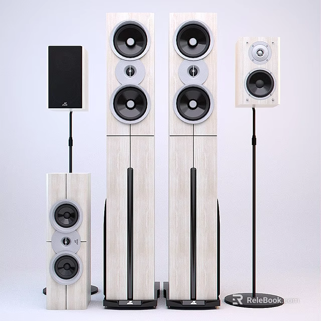 Modern Home Audio Speaker System Featuring Floor Standing And Bookshelf Models Wooden Design Black Units 3d model 
