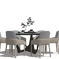 Modern Dining Table Set With Six Gray Chairs Black Tabletop And Decorative Vase 3d model