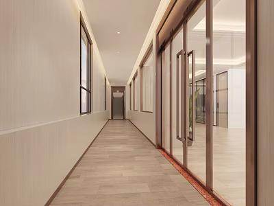 Long Office Corridor With Glass Doors Light Colored Walls And Wooden Flooring 3d model