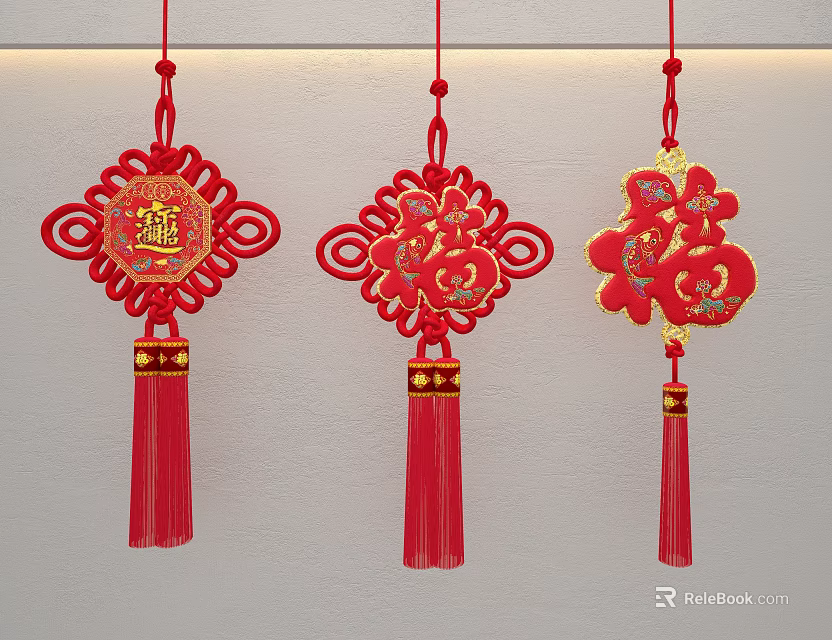 Traditional Red Chinese Knot Decorative Hangings With Fu Character And Tassels 3d model 