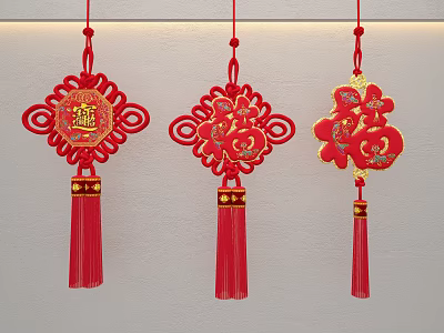 Traditional Red Chinese Knot Decorative Hangings With Fu Character And Tassels 3d model