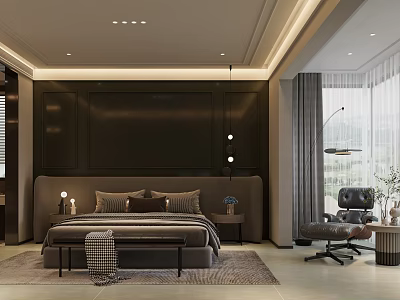 Modern Bedroom Interior Design With Upholstered Bed And Bedside Lamp Rug 3d model