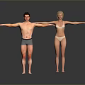 Man and Woman Posing in Underwear with Arms Outstretched Against Gray Background