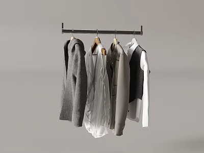 Metal Clothes Hanger With Hanging Sweaters Shirts And Jackets In Neutral Tones 3d model
