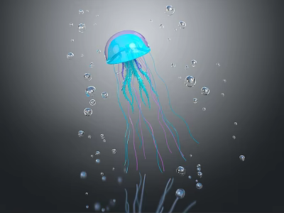 Graceful Blue Jellyfish with Long Tentacles Floating Underwater Among Many Transparent Bubbles 3d model