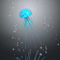 Graceful Blue Jellyfish with Long Tentacles Floating Underwater Among Many Transparent Bubbles