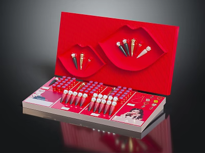 Open Red Cosmetic Gift Box With Lip Shaped Holders And Arranged Lipstick Tubes 3d model
