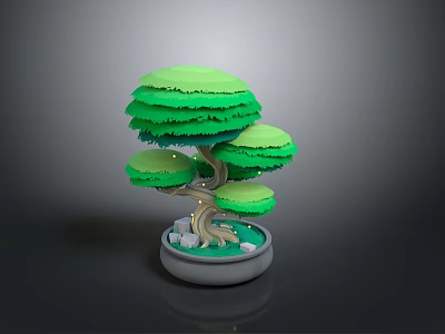 Green Layered Leafy Plant In Paper Art Style With Curved Trunk And Gray Pot 3d model