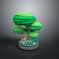Green Layered Leafy Plant In Paper Art Style With Curved Trunk And Gray Pot
