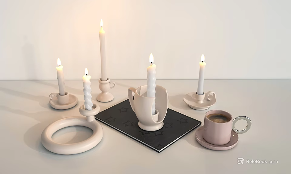 Modern Candle Lamps With Lit Candles White Holders On Black Mat And Pink Cup Saucer 3d model 