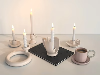 Modern Candle Lamps With Lit Candles White Holders On Black Mat And Pink Cup Saucer 3d model