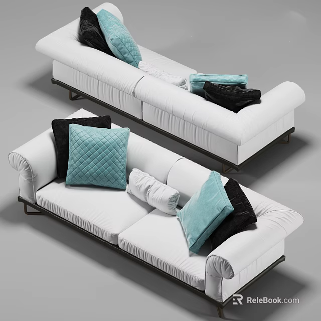 White Two Seater Sofa With Blue Black Pillows And Decorative Throw 3d model