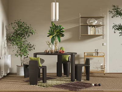 Modern Dining Table Set With Green Plants Hanging Pendant Light And Metal Shelf 3d model