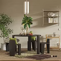 Modern Dining Table Set With Green Plants Hanging Pendant Light And Metal Shelf