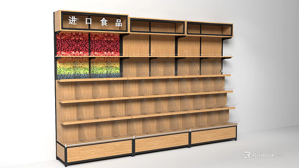 Wooden Display Shelving for Imported Food Storage with Multiple Layers and Drawers in Retail Store 3d model 