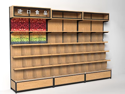 Wooden Display Shelving for Imported Food Storage with Multiple Layers and Drawers in Retail Store 3d model