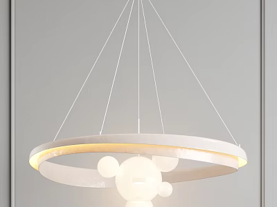 Chandelier With White Circular Frame And Spherical Bulbs Against Gray Wall With Yellow Light Effect 3d model