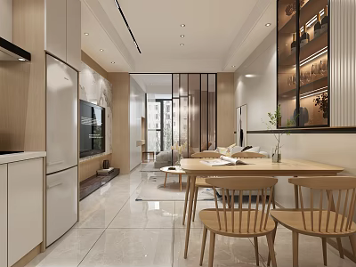 Modern Apartment Interior Design With Open Kitchen Dining Space Wooden Table Chairs And Light Cabinets 3d model