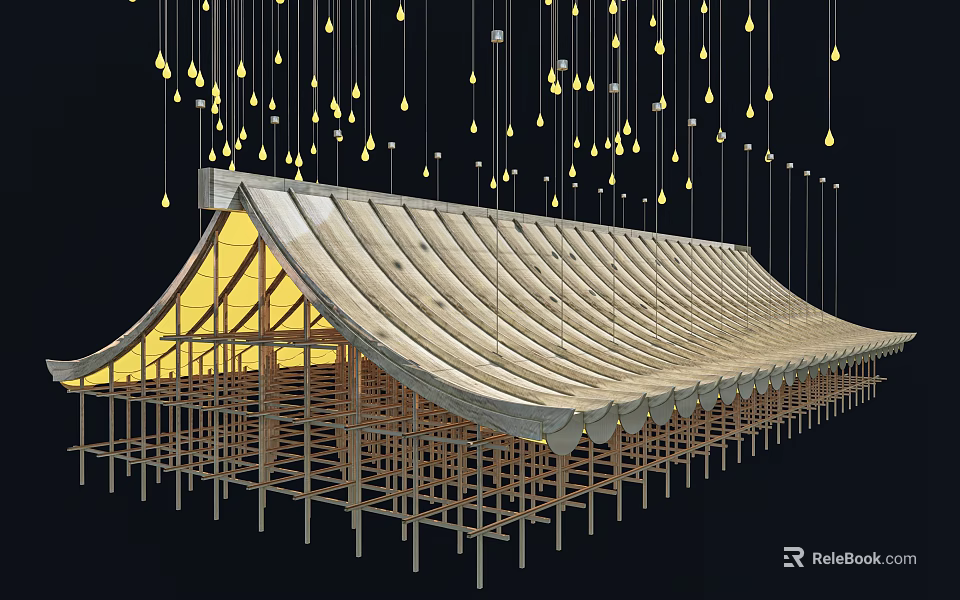 Modern Chandeliers With Yellow Lights In Curved Wooden Roof Architectural Interior Design 3d model 