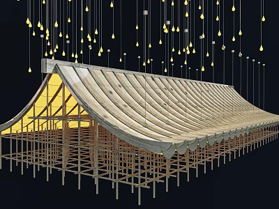 Modern Chandeliers With Yellow Lights In Curved Wooden Roof Architectural Interior Design 3d model