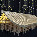 Modern Chandeliers With Yellow Lights In Curved Wooden Roof Architectural Interior Design