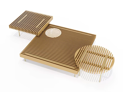 Modern Wooden Tea Table And Chairs Set With Slatted Design For Home 3d model