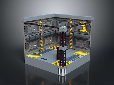 Industrial Interior Structure With Multi Level Platforms Yellow Black Warning Stripes And Central Mechanical Tower 3d model