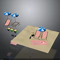 Modern Beach Scene With Striped Deck Chairs Blue Umbrellas And Sandy Area
