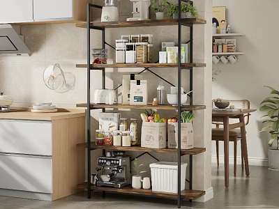 Multi Tier Wooden Black Metal Kitchen Shelf with Jars Bowls Plants and Vegetables 3d model