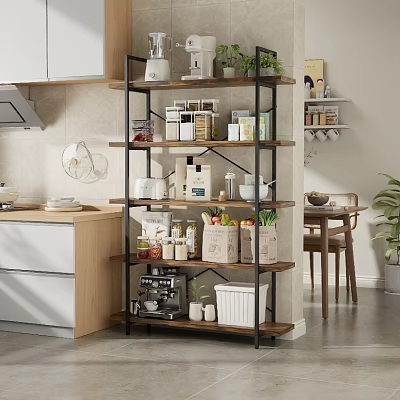 Multi Tier Wooden Black Metal Kitchen Shelf with Jars Bowls Plants and Vegetables 3d model
