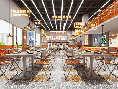 Restaurant Interior Design With Metal Tables Chairs Pendant Lights Decorative Signs And Terrazzo Floor 3d model