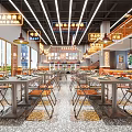 Restaurant Interior Design With Metal Tables Chairs Pendant Lights Decorative Signs And Terrazzo Floor