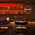 Modern Bar Counter Interior Featuring Neon Sign Shelves Of Bottles Glasses And Black Stools