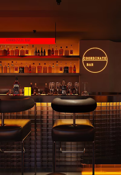 Modern Bar Counter Interior Featuring Neon Sign Shelves Of Bottles Glasses And Black Stools 3d model