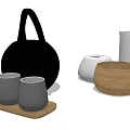 Stylish Ceramic Tea Set with Black Teapot Gray Cups and Wooden Tray 3d model