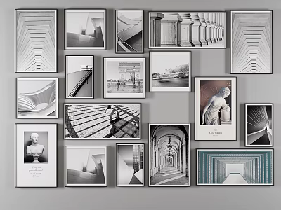 Black and White Landscape Paintings Displaying Architectural Structures Sculptures Geometric Patterns On Wall Gallery 3d model