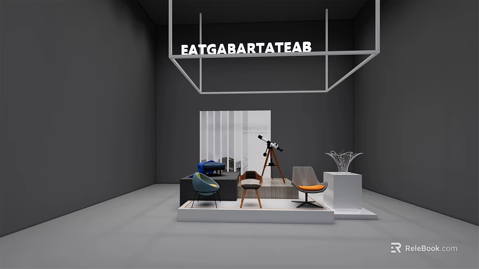 EATGABARTATEAB Modern Exhibition Space With Display Furniture Chairs Table Telescope And Vase 3d model 