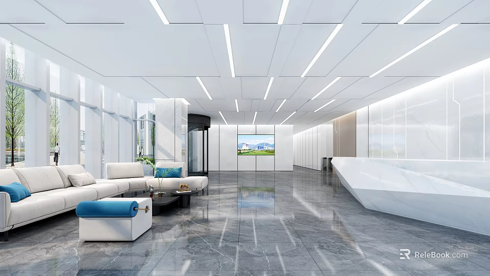 Modern Front Desk Reception Space Featuring White Desk Sofa Marble Floor Large Windows And Lighting 3d model