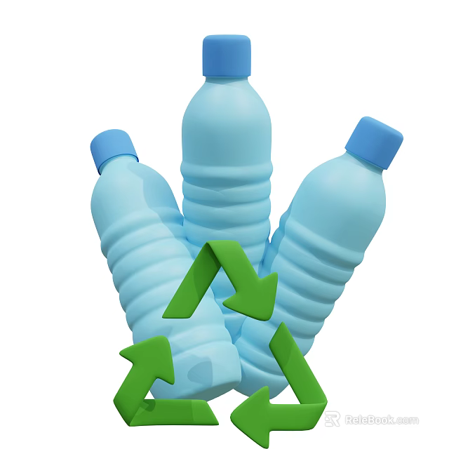 Group Of Blue Plastic Bottles With Green Recycling Arrows Symbol Design 3d model 
