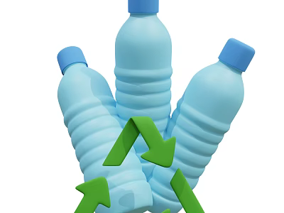 Group Of Blue Plastic Bottles With Green Recycling Arrows Symbol Design 3d model
