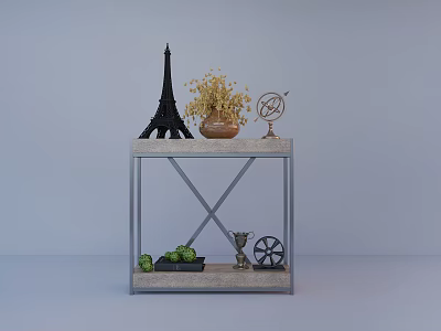 Decorative Ornament Combination On Metal Shelf With Eiffel Tower Globe Dried Flowers And Green Plants 3d model