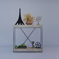 Decorative Ornament Combination On Metal Shelf With Eiffel Tower Globe Dried Flowers And Green Plants