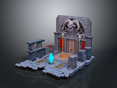 Mystical Stone Structure Landscape With Ram Horn Decoration Red Curtains And Blue Glowing Object 3d model