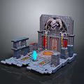 Mystical Stone Structure Landscape With Ram Horn Decoration Red Curtains And Blue Glowing Object
