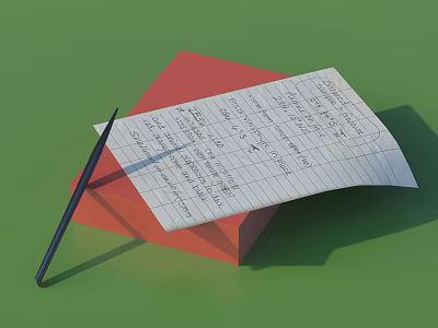 Black Pen Next to Written Paper on Red Cube Over Green Background 3d model