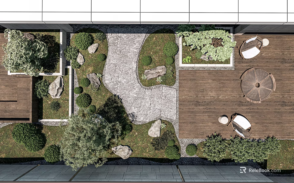 Courtyard Garden Design With Green Plants Stones Wooden Deck And Seating 3d model 