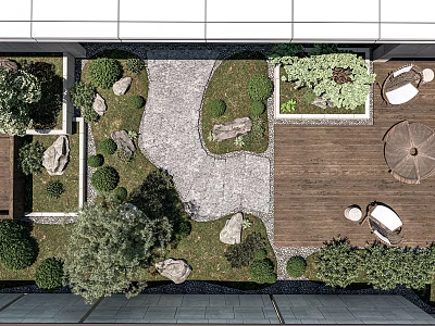 Courtyard Garden Design With Green Plants Stones Wooden Deck And Seating 3d model